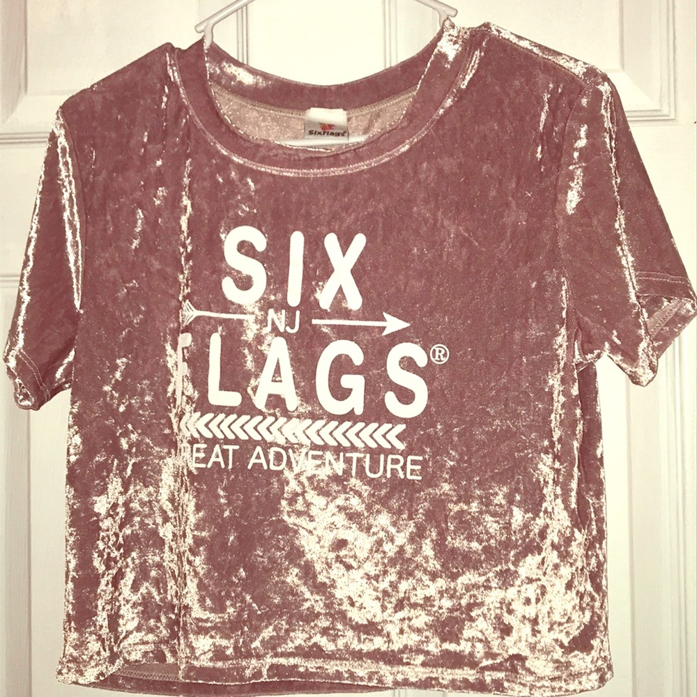 A rose gold velvet crop top from Six flags!